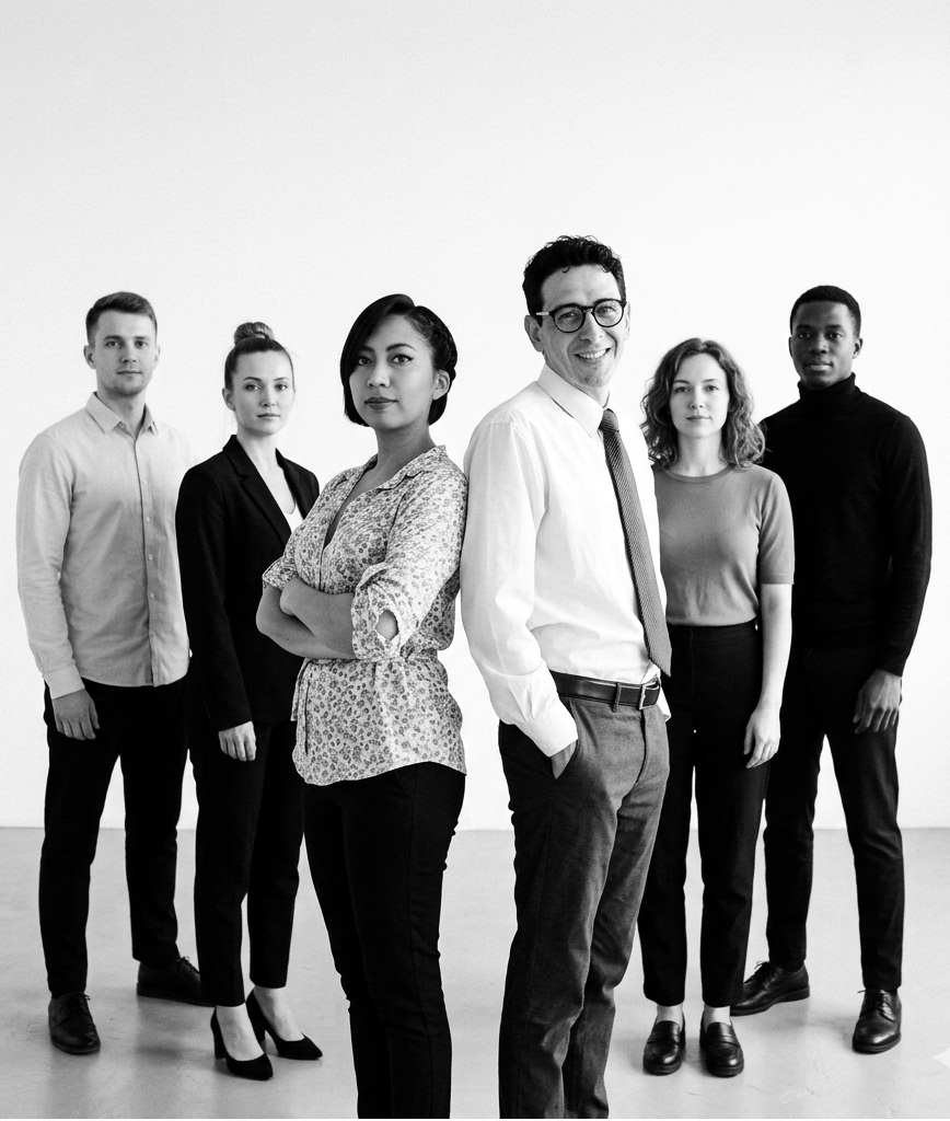 Equipo Nodok — siete profesionales en estudio, blanco y negro